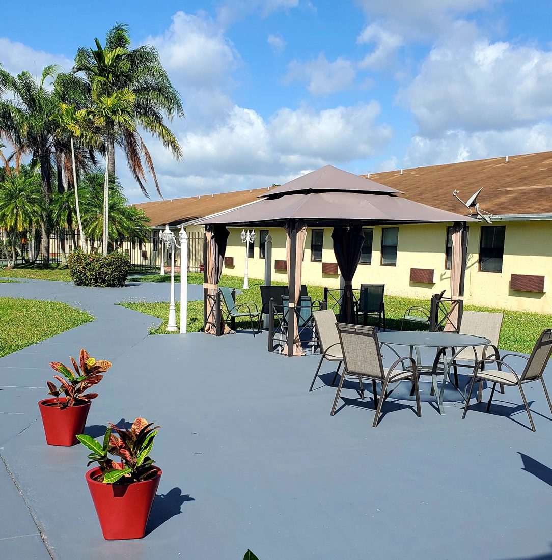 Outdoor patio with a gazebo, tables and chairs, and palm trees at Sunny Hills in Homestead